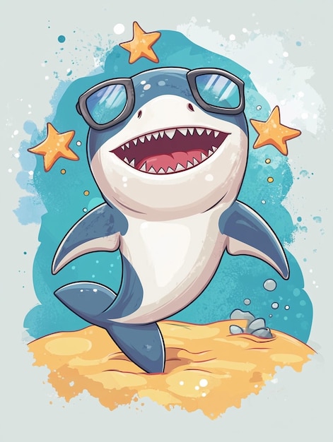 Photo hello summer with cute shark cartoon illustration flat cartoon concept