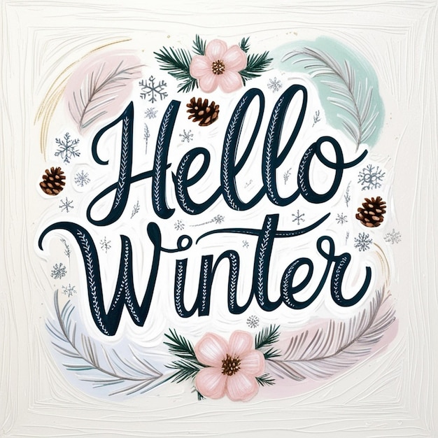 Photo hello winter 3d calligraphy sign on illustration background