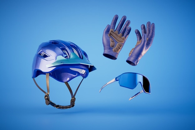 Helmet gloves cycling goggles solated on blue background 3d render