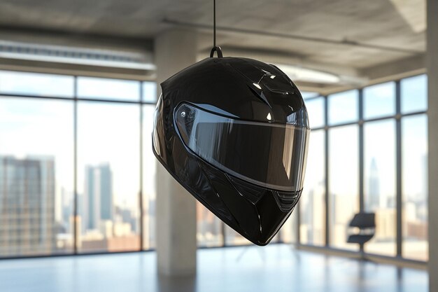 Photo a helmet hangs from a ceiling with a city in the background