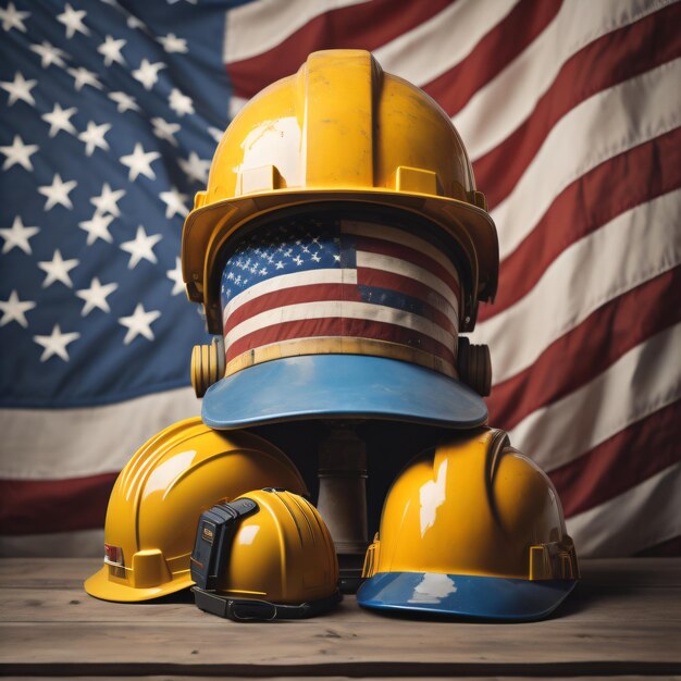 Helmet and hardhat on the background of the American flag