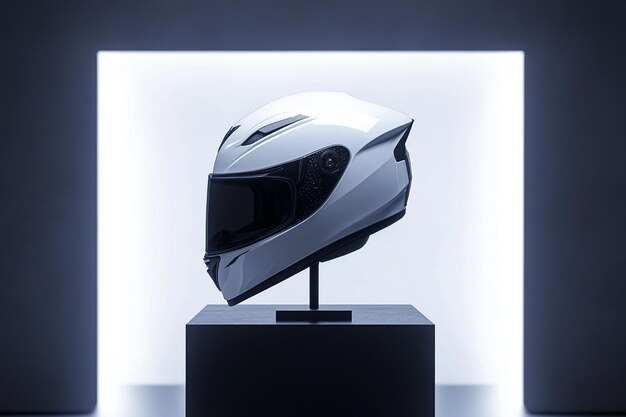 Photo a helmet is on a black pedestal with a white background