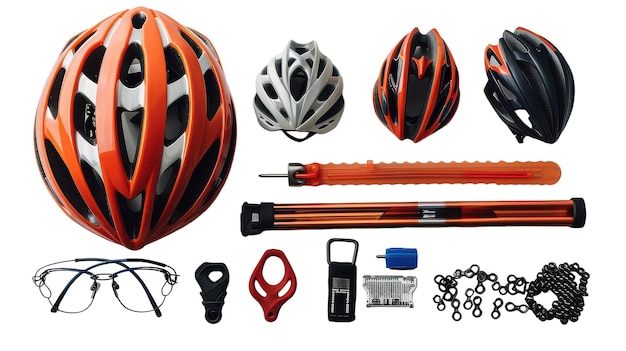 Photo helmet lock and repair kit arranged on transparent background