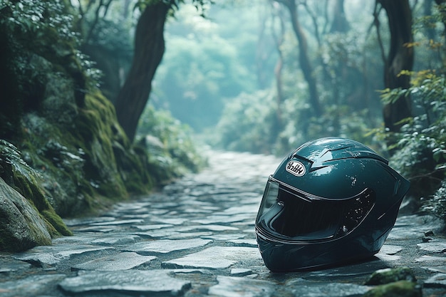 a helmet on a road with trees in the background