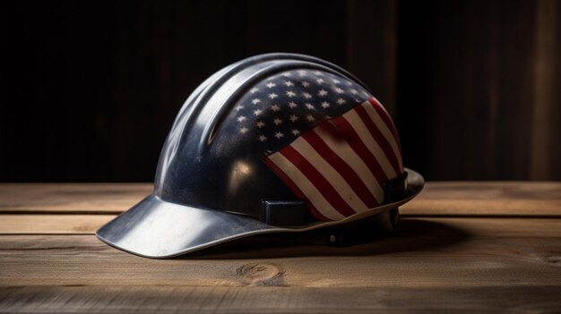 A helmet with the american flag on it sits on a wooden table.