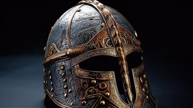 a helmet with a gold and silver design