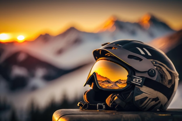 A helmet with the numbers 18 on it sits on a bench with mountains in the background