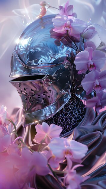 Photo a helmet with a purple background and purple flowers