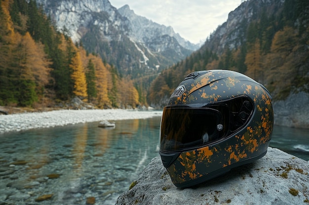 a helmet with the word helmet on it sits on a river bank