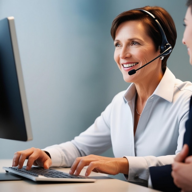 Photo help desk technician assisting customer with headset and keyboard