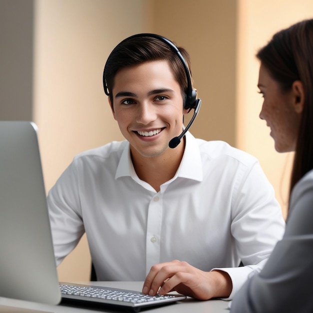 Photo help desk technician assisting customer with headset and keyboard