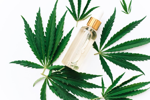 Hemp CBD oil in a bottle on a white background with hemp leaves biomedicine and ecology hemp grass medicine cbd oil from a medical extract