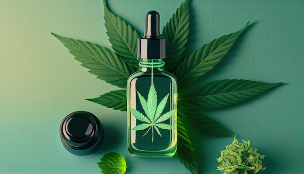 Hemp cbd oil serum in glass dropper bottle with cannabis leaves Moisturizing cream essential oil