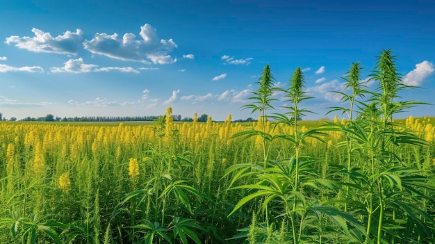 Hemp field in the foreground and rapeseed field behind it rural landscape with blue sky