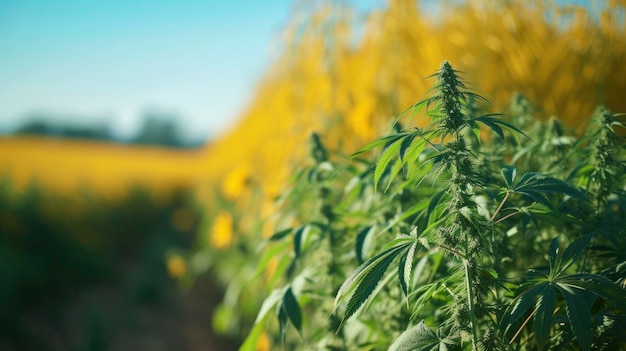 Hemp field in the foreground and rapeseed field behind it rural landscape with blue sky