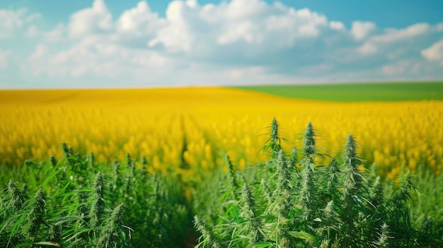 Hemp field in the front of picture and rapeseed field behind it