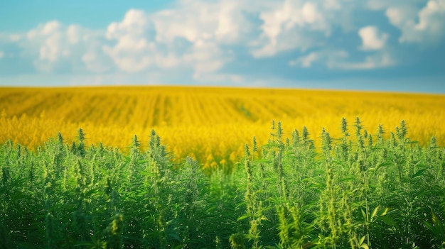 Hemp field in the front of picture and rapeseed field behind it