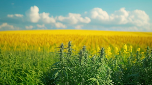 Hemp field in the front of picture and rapeseed field behind it