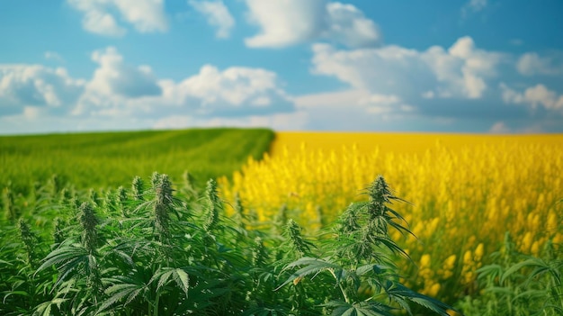 Hemp field in the front of picture and rapeseed field behind it