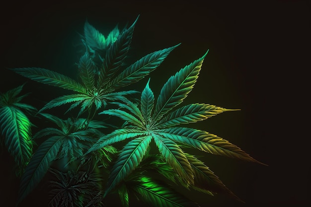 Hemp green leaves on dark background Cannabis plant