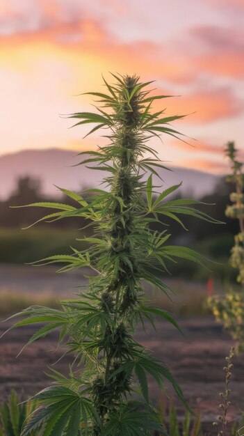 Hemp plant in at sunset