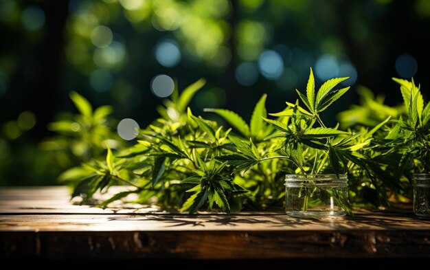 Hemp tree over wooden table A wooden table topped with jars filled with green leaves