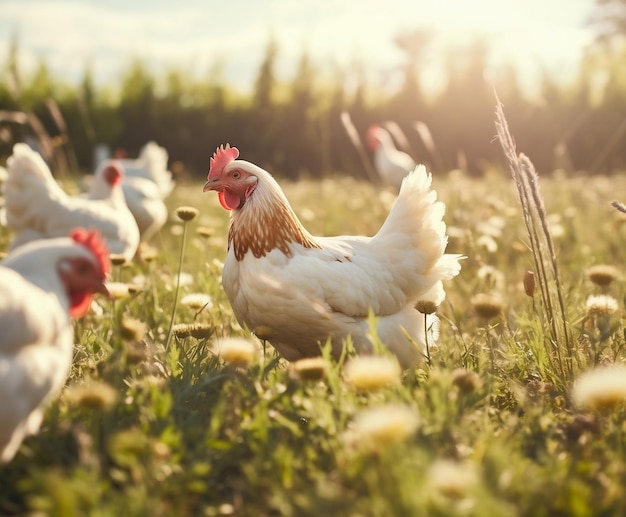 Hen and Chickens Enjoying the Sunshine on a Pasture Generative AI