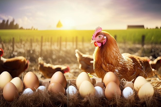 Hen hatching eggs with farm background