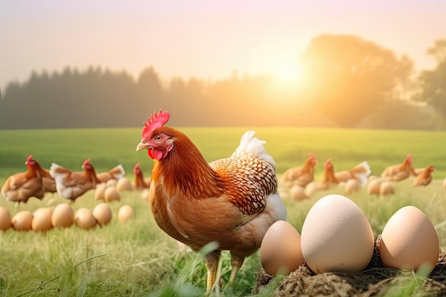 Hen hatching eggs with farm background