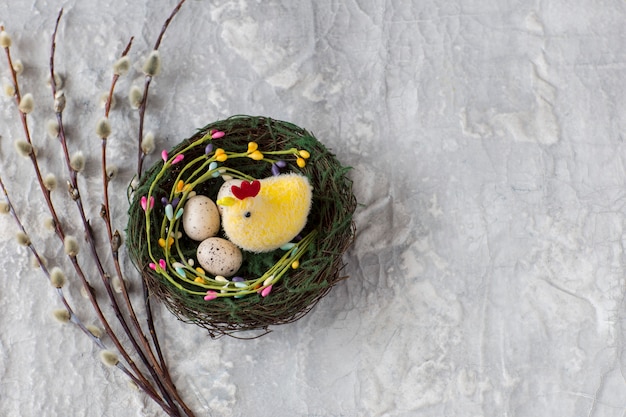 hen in the nest, eggs and willow next to it - easter background.