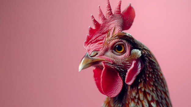 A hen on a pastel pink background