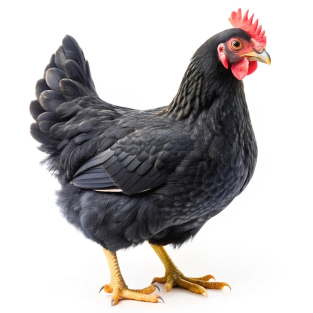 hen range black chicken standing in a farm field