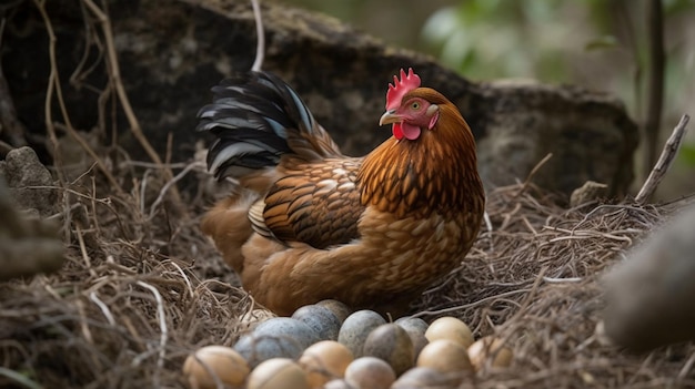 A hen sits in a nest with eggs.