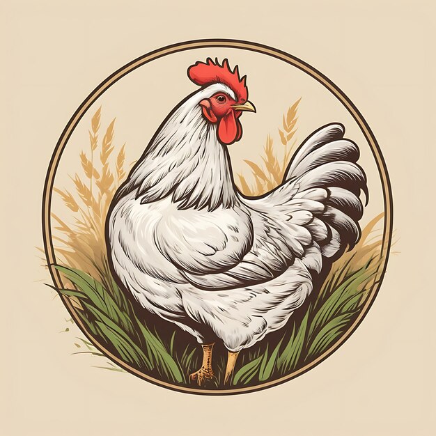 Photo a hen vintage logo in the circle detailed design vintage logo of chicken with grass