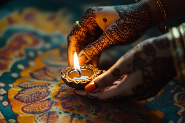 Photo hennadecorated hands lighting a clay diya lamp