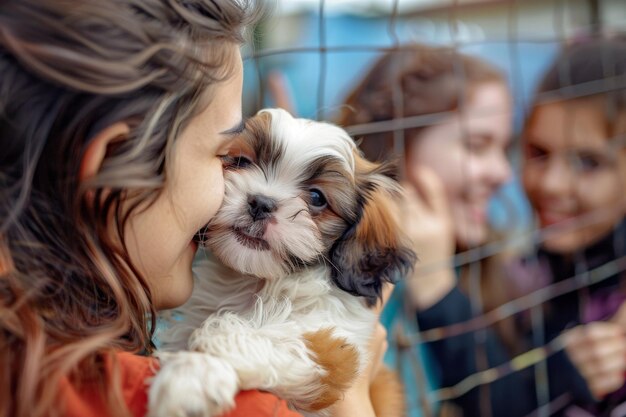 Her worker assists her in choosing which dog to adopt from a shelter