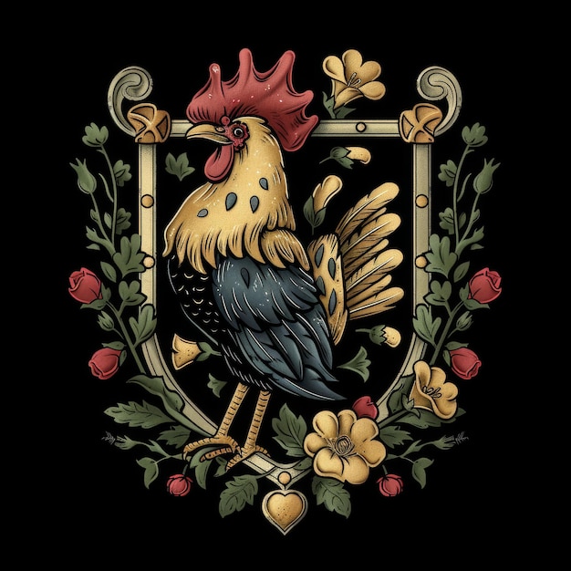 Heraldic emblem with rooster and flowers Vector illustration