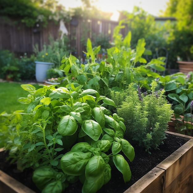 An herb garden full of basil parsley and mint plants