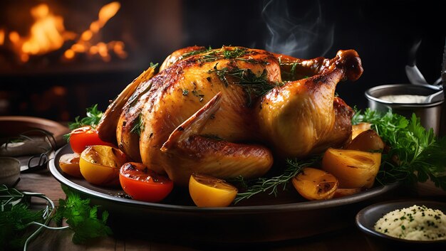 Herb Roasted Chicken on a Restaurant Background Photography