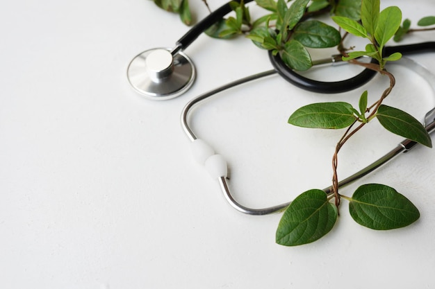 Photo herbal alternative medicine stethoscope and plant on white