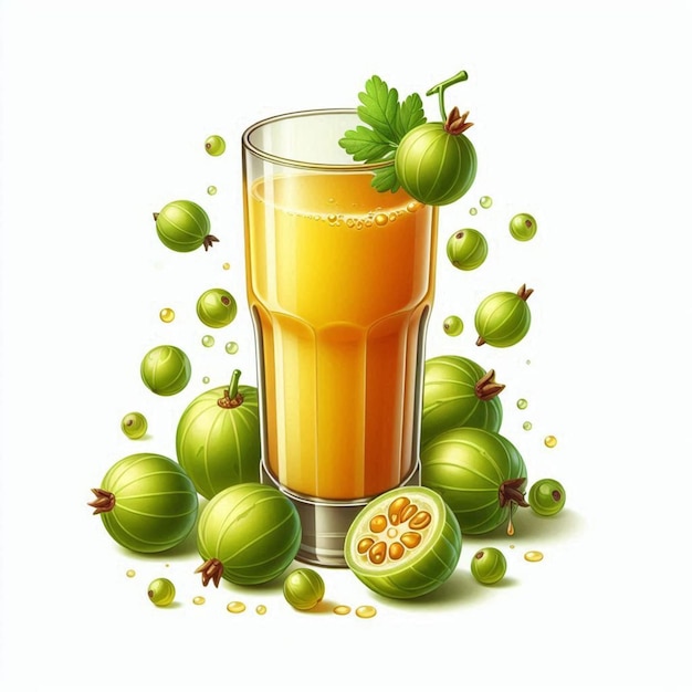 Herbal amla juice with fresh fruits on white background