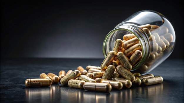 Herbal capsules poured from jar on dark background