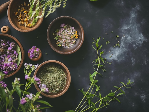 Photo herbal and floral plants in bowls for grinding organic natural folk medicine from flower leaves