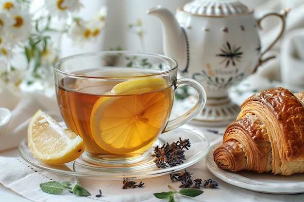 Herbal lemon tea with croissant and female accessories on tablecloth against white backdrop