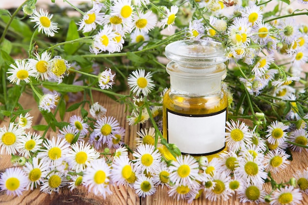 Herbal medicine concept bottle with camomile on wooden table