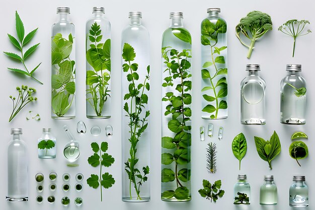 Photo herbal remedies bottles filled with various types of greenery and botanicals