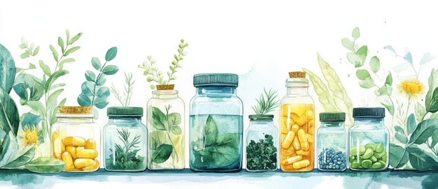 Herbal Remedies in Glass Jars on a White Background