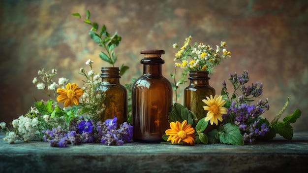 Herbal Remedies with Bottles and Flowers