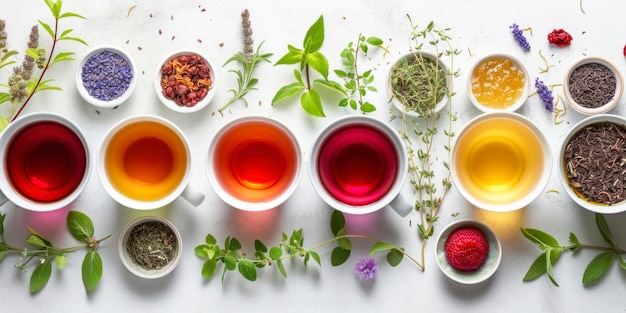 Herbal tea assortment a calming health background showcasing a variety of herbal teas