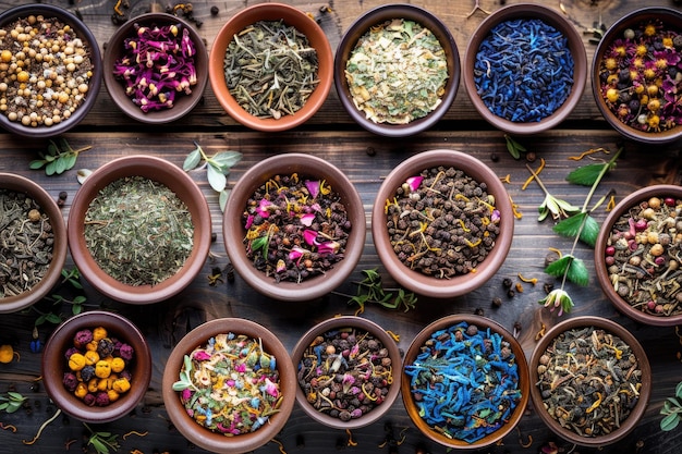 Herbal Tea Background with Various Dried Tea Leaves and Flowers